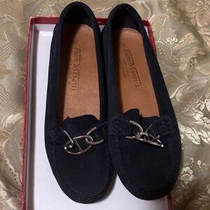 Dark Blue Suede Women's Loafers/Moccasins with Silver Chain Accent